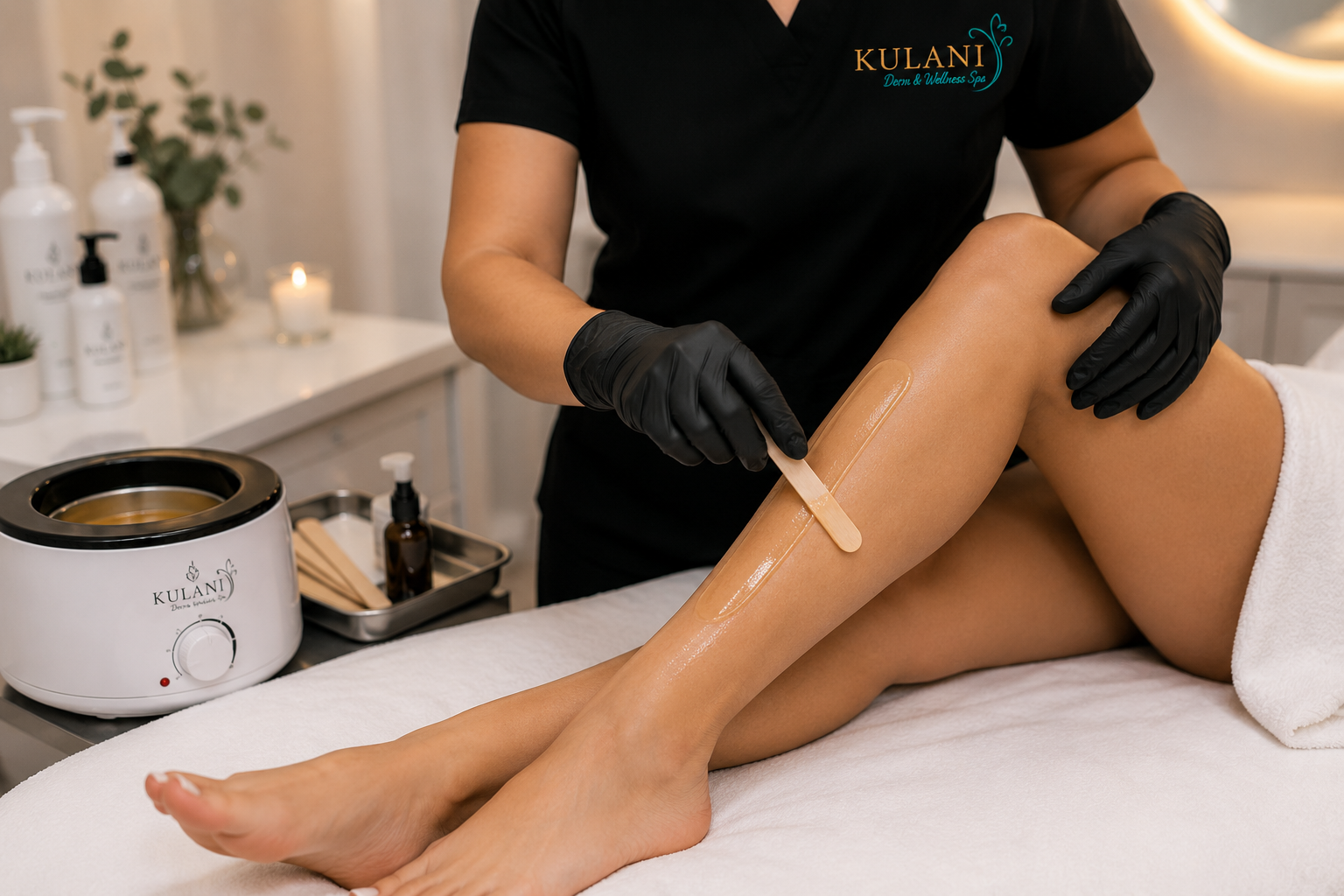 Esthetician applies warm wax to a client’s leg during a waxing session at a spa with gloves on the practitioner hands visible